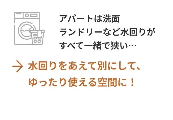 水回りをあえて別にして、ゆったり使える空間に！